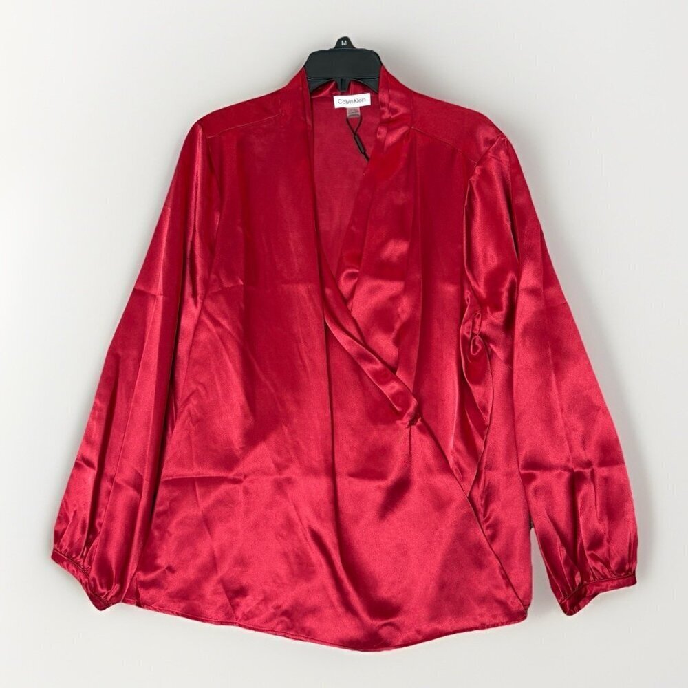 Calvin Klein Women's Satin Blouse Plus Size 2X Red Wrap Front V-Neck NWT $89